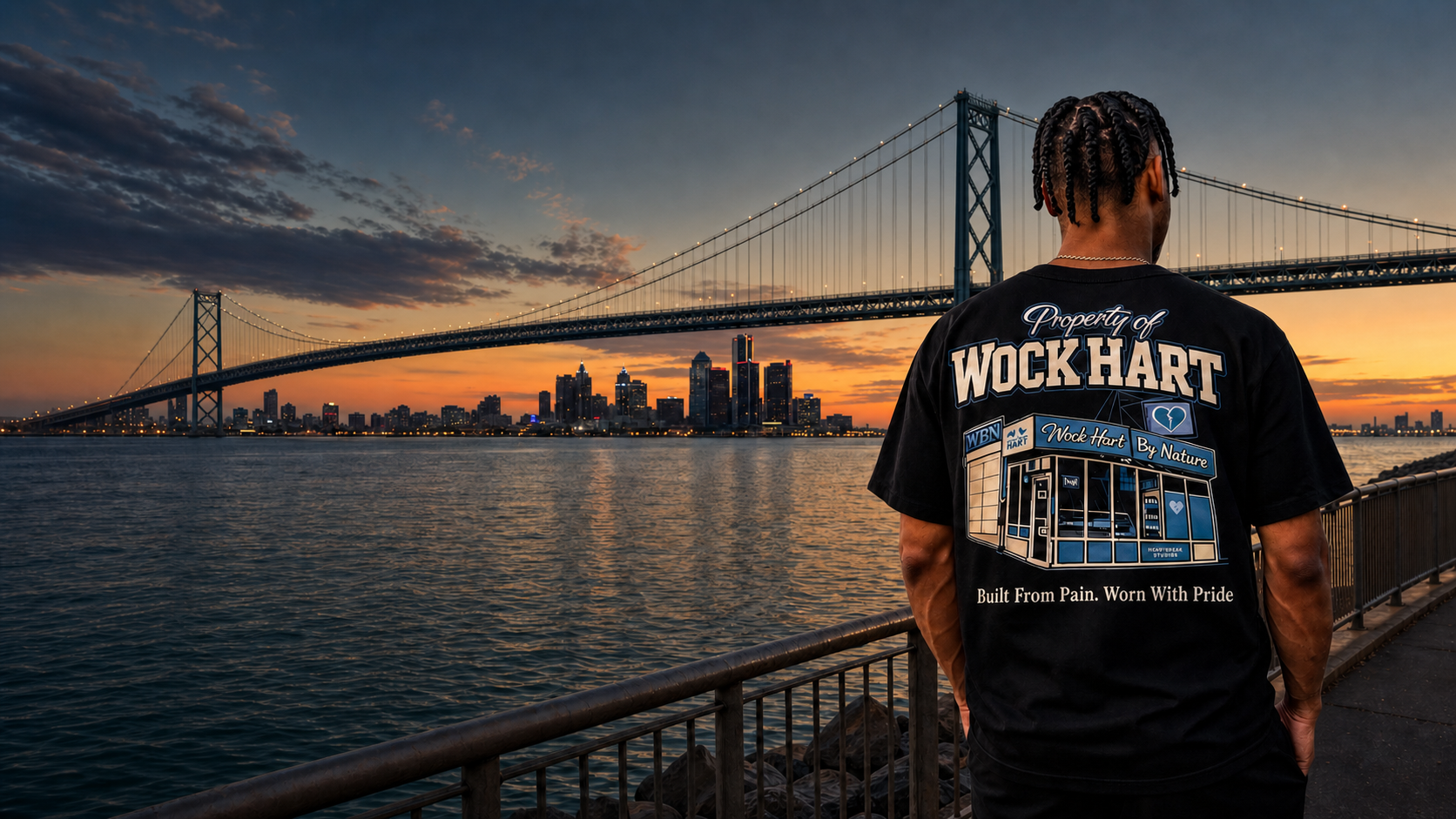 Wock Hart By Nature model at the Windsor riverfront with the Ambassador Bridge and Detroit skyline
